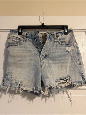 We The Free Light Blue Distressed Denim Button-Fly Shorts